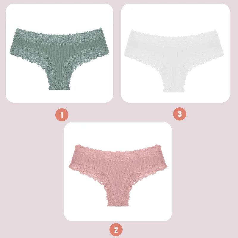 3PCS Lace Seamless Cotton Panties Ribbed Brazilian