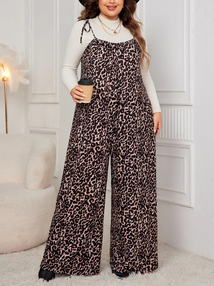 Plus Size Leopard Print Tie Shoulder Jumpsuits