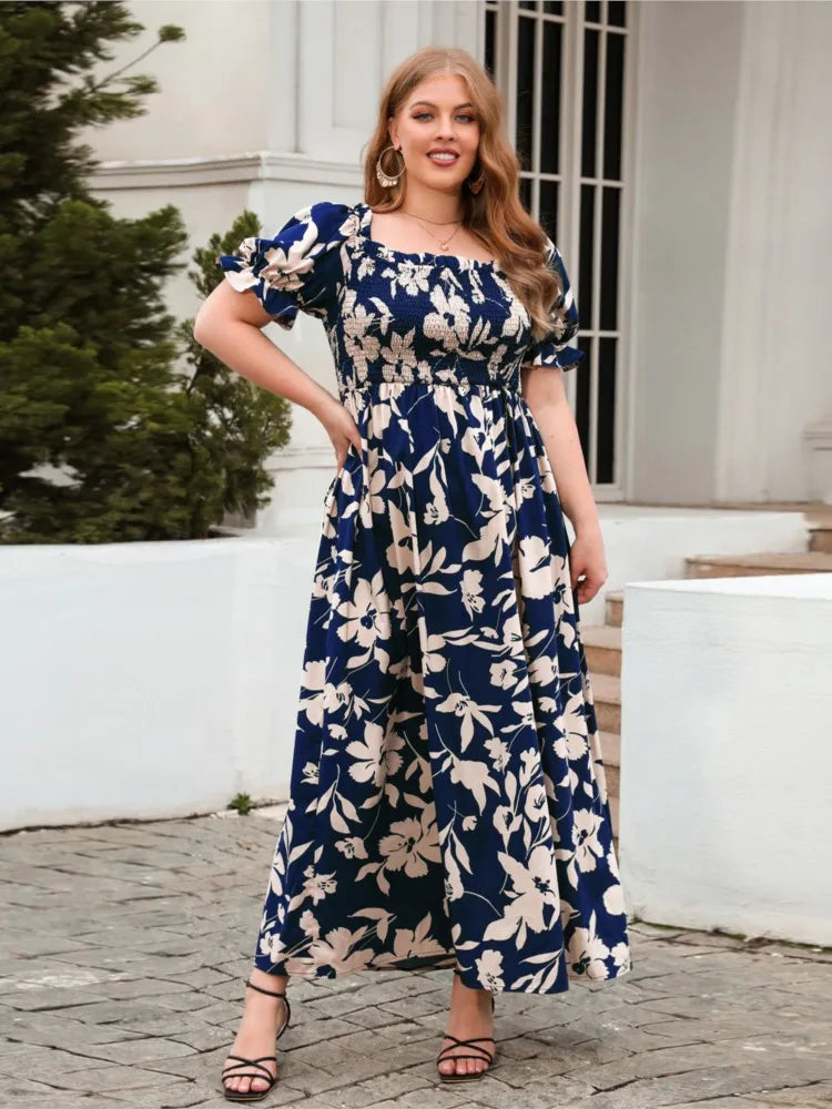 Plus Size Square Collar Dress Floral Print Fashion
