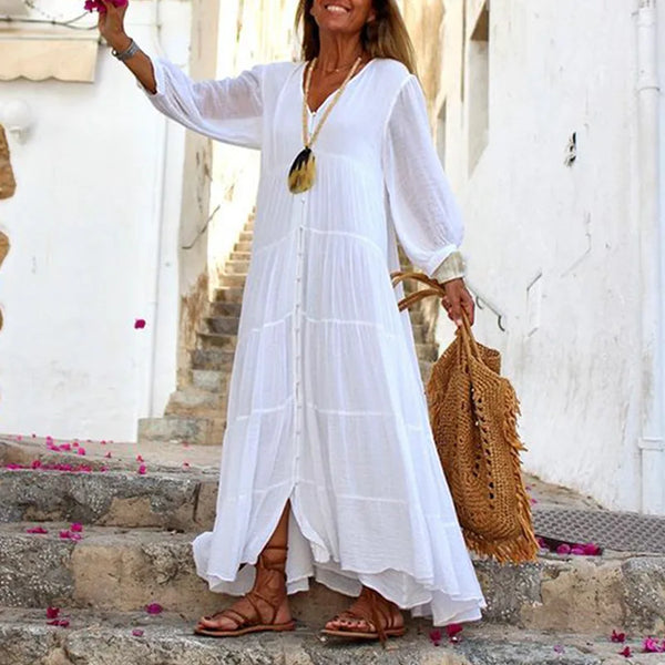 V-Neck Loose Long Sleeve Cotton And Linen Dress