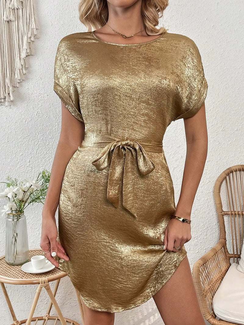 Dress Elegant small, round neck, short sleeve, belt casual