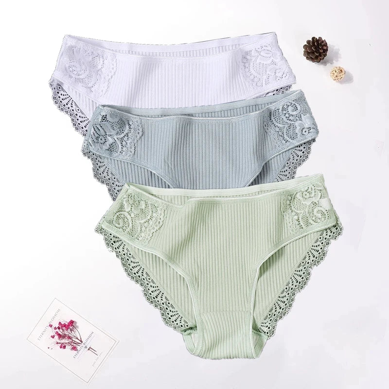 Floral Lace Cotton Panties Underwear Comfortable Lingerie 3PCS/Set
