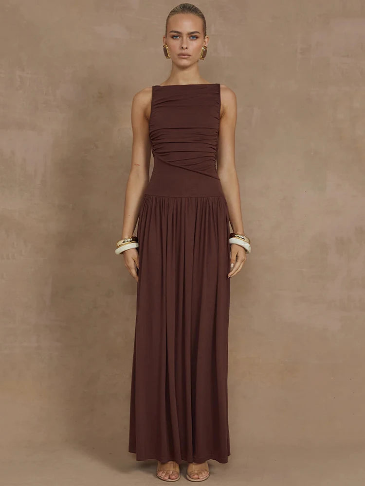 Women's Boat Neck Tank Dress - Sexy Ruched Long Gown
