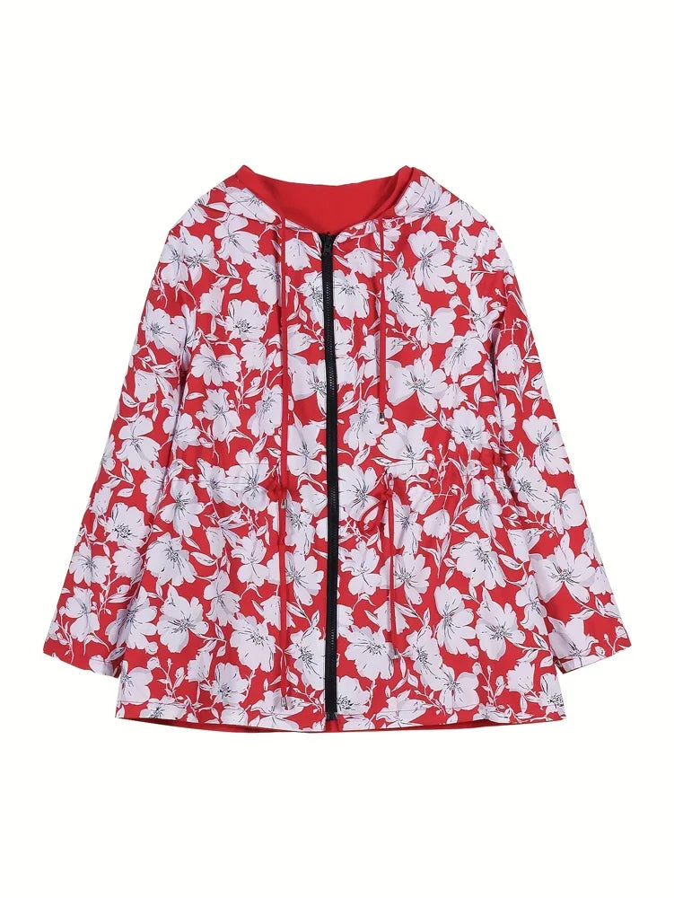 Plus Size Floral Print Hooded Zip Hooded Jacket