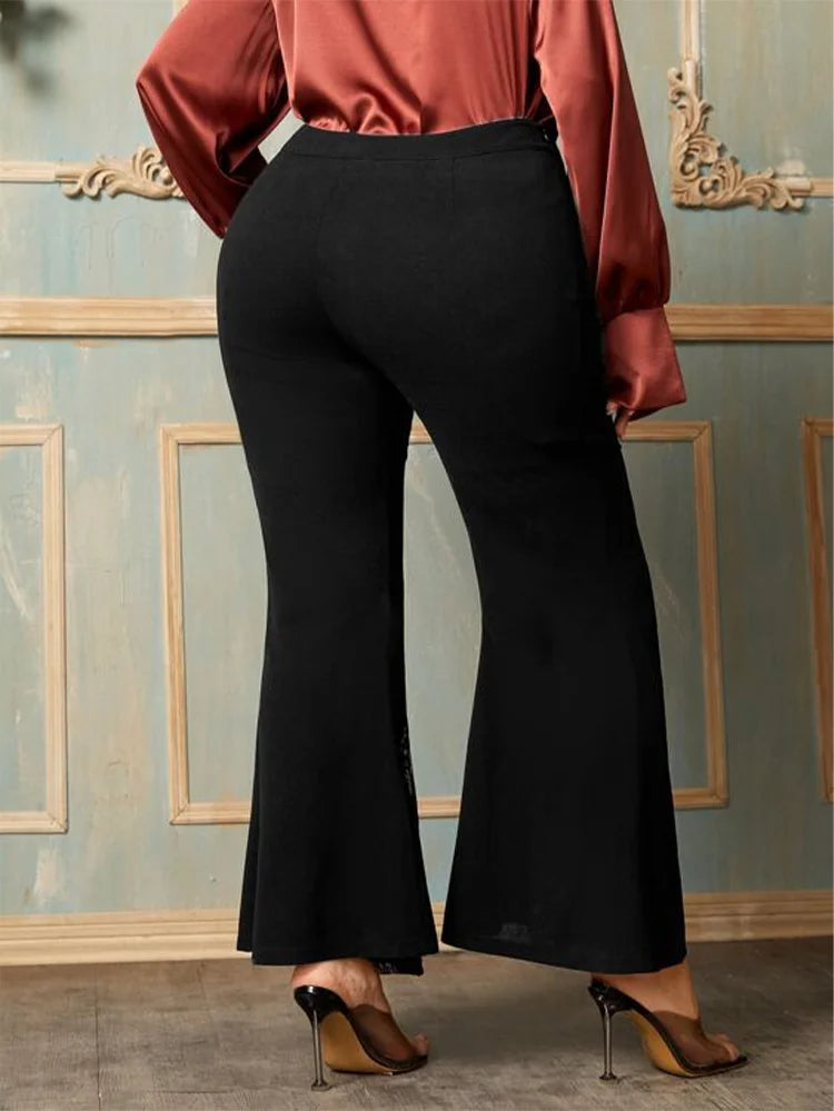 Plus Size Casual Black High Waist Lace Flare Leggings Sexy