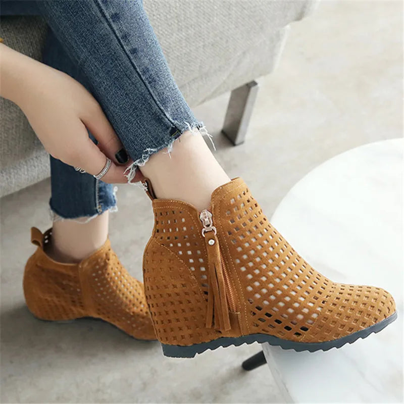 Boots Flat Low Hidden Wedges Cutout Zip