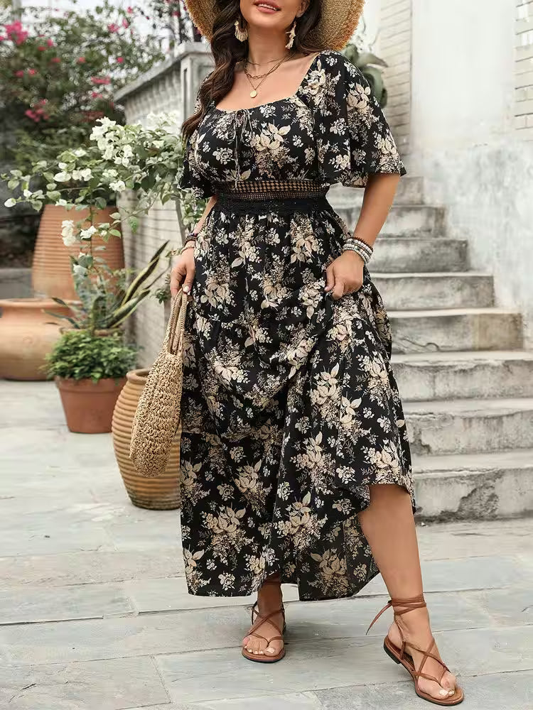 Plus Size Square Neck Floral Print Maxi Dress - Women's Fashion - View 3