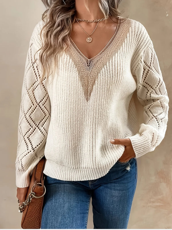 Solid V Neck Knitted Sweater, Hollow Out Long Sleeve Casual