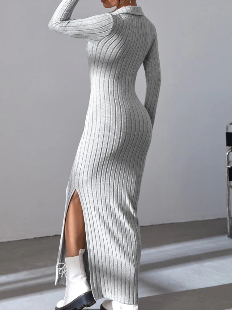 Sexy knit V-neck reverse neck split dress autumn winter