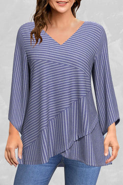 Plus Size Casual Striped Print V Neck Asymmetric