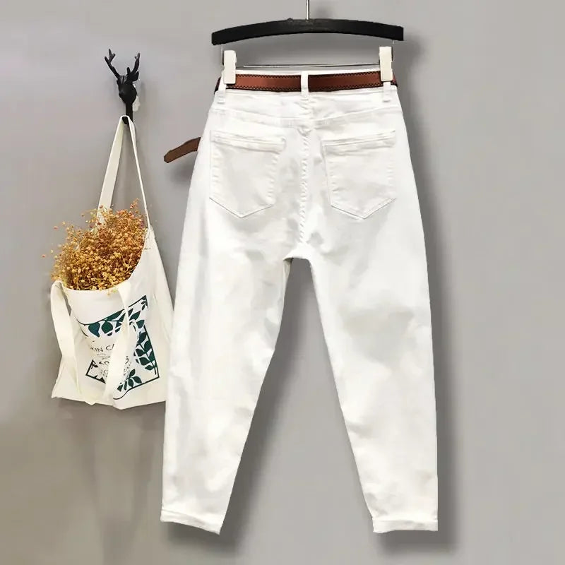 Jeans White High Waist Skinny Cropped Tappered Casual Pantalones