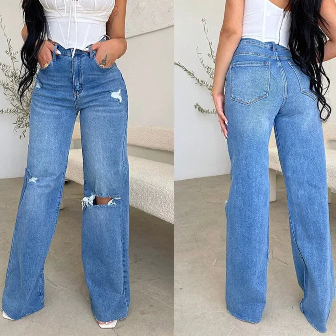 Jeans Long High Waist Ripped Frayed Comfortable Wide Leg