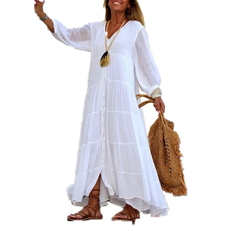 V-Neck Loose Long Sleeve Cotton And Linen Dress