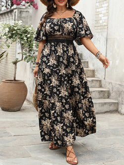 Plus Size Square Neck Floral Print Maxi Dress