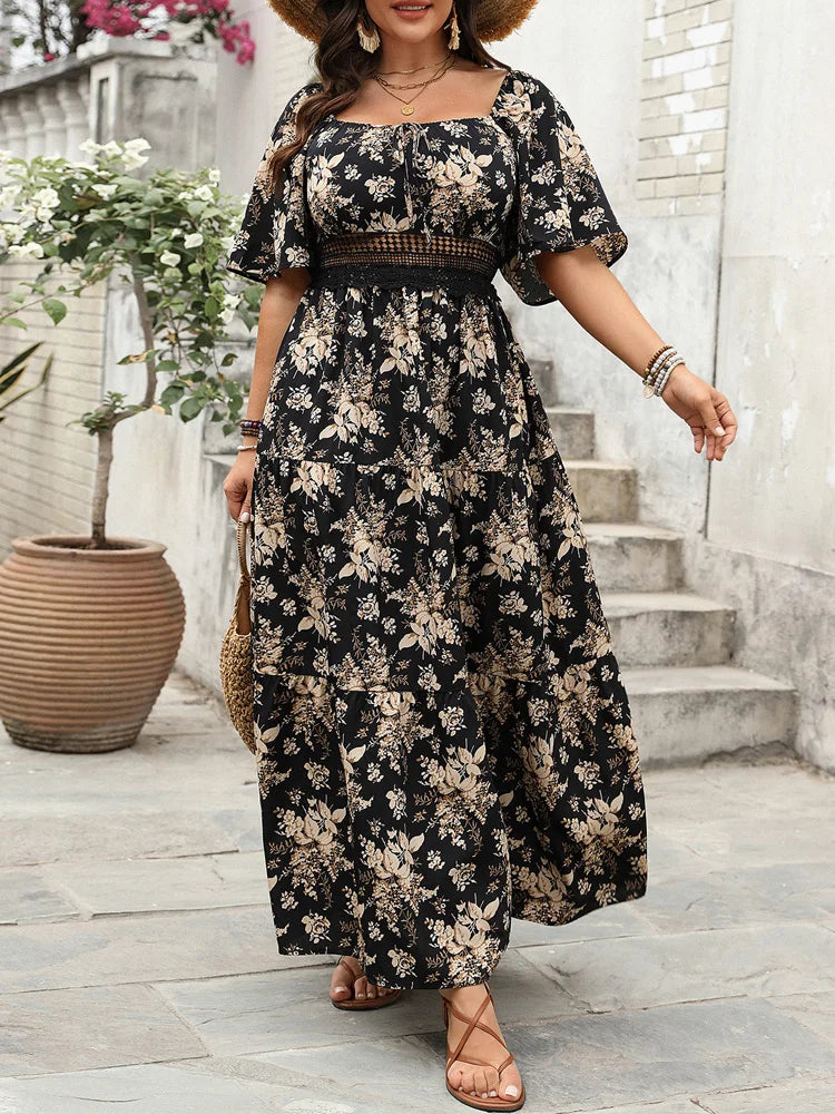 Plus Size Square Neck Floral Print Maxi Dress