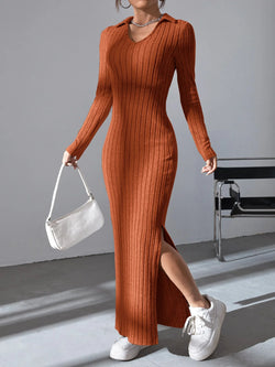 Sexy knit V-neck reverse neck split dress autumn winter