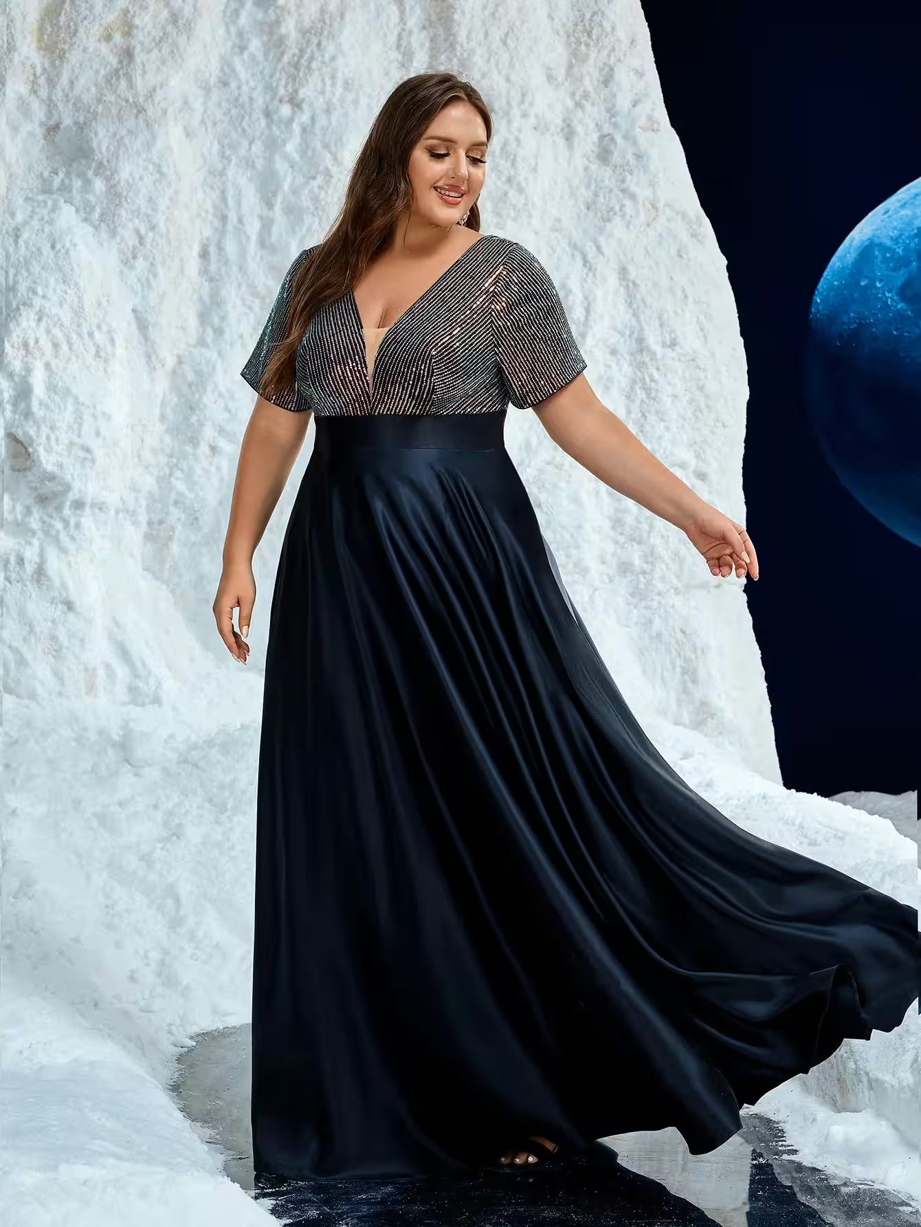 Plus V-Neck Glitter Satin Formal Evening Dress - Additional View 5