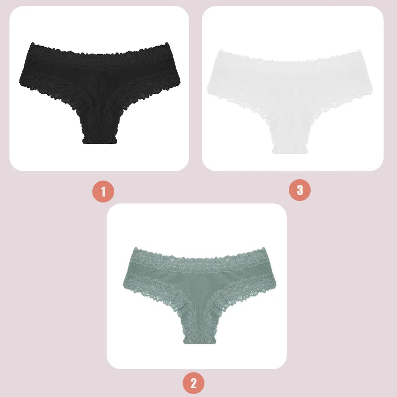 3PCS Lace Seamless Cotton Panties Ribbed Brazilian