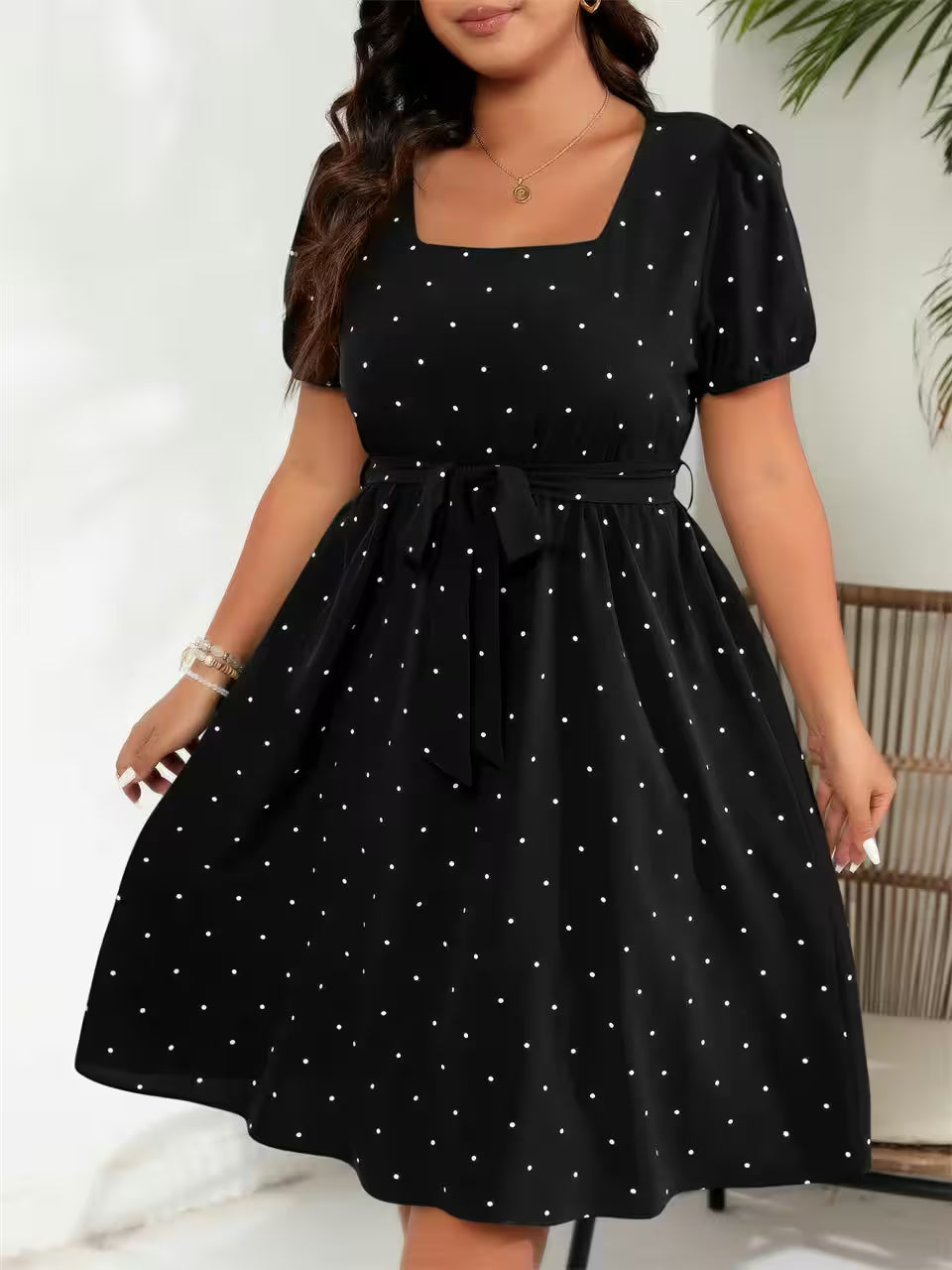 Dresses - Plus Size Square Neck Polka Dot Belted for Women