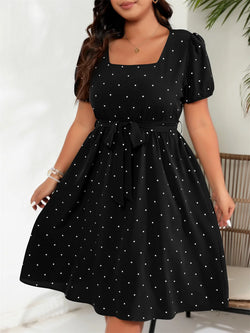 Plus Size Square Neck Polka Dot Belted