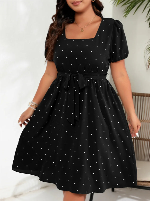 Plus Size Square Neck Polka Dot Belted