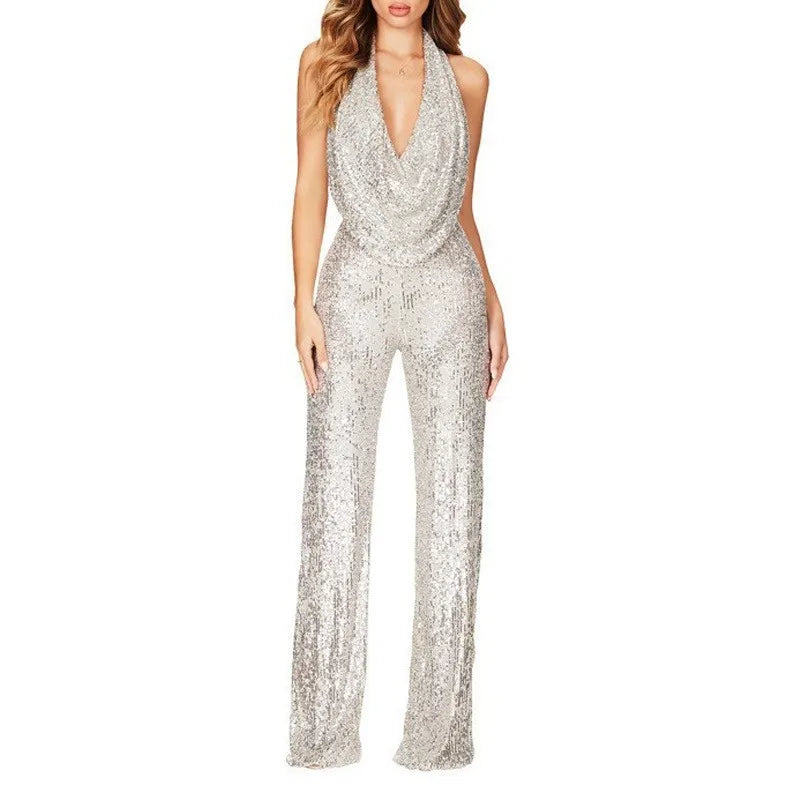 Sexy Folds Deep V-neck Sequin Jumpsuits Slim