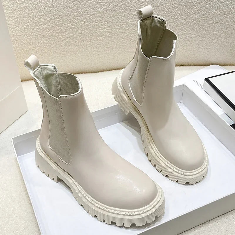 Leather Platform Short Boots Slip Elastic