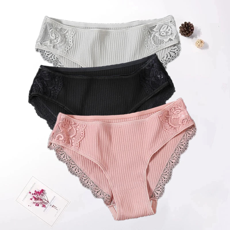 Floral Lace Cotton Panties Underwear Comfortable Lingerie 3PCS/Set