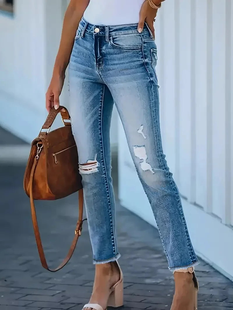 Elastic straight cropped pants tight ripped