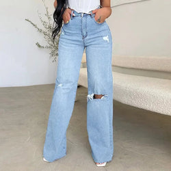 Jeans Long High Waist Ripped Frayed Comfortable Wide Leg