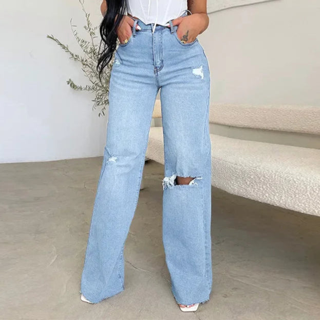 Jeans Long High Waist Ripped Frayed Comfortable Wide Leg