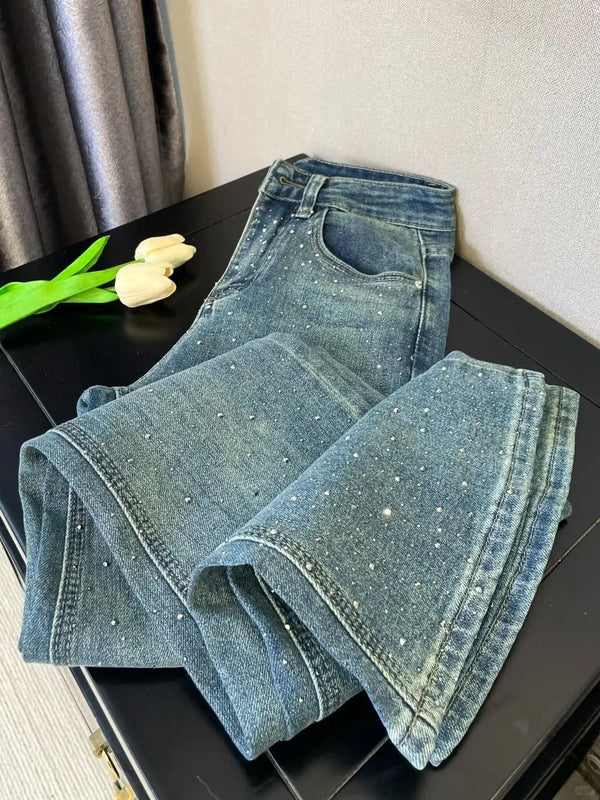 Retro Diamond-encrusted Straight-leg Loose Wide-leg  Pants