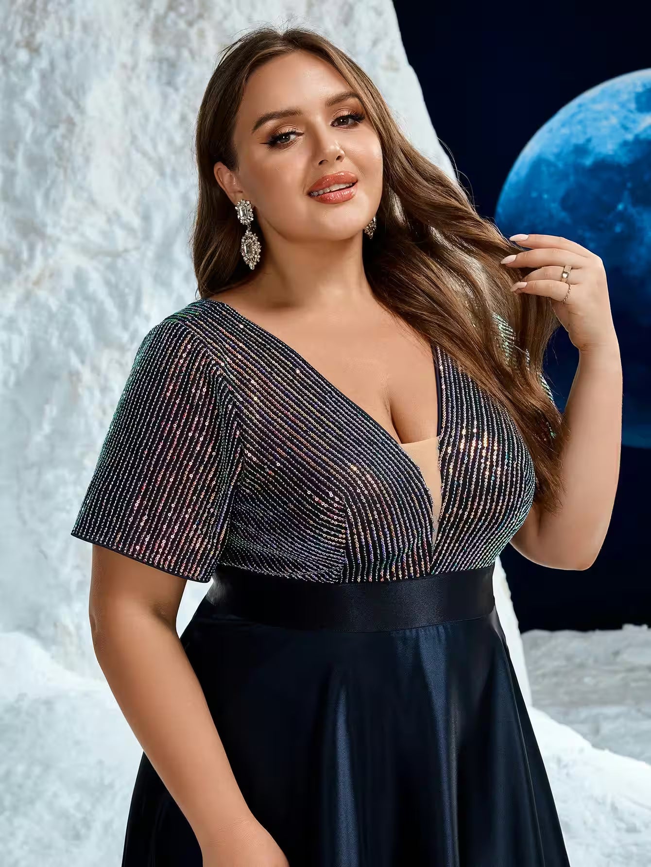 Plus V-Neck Glitter Satin Formal Evening Dress - Additional View 6
