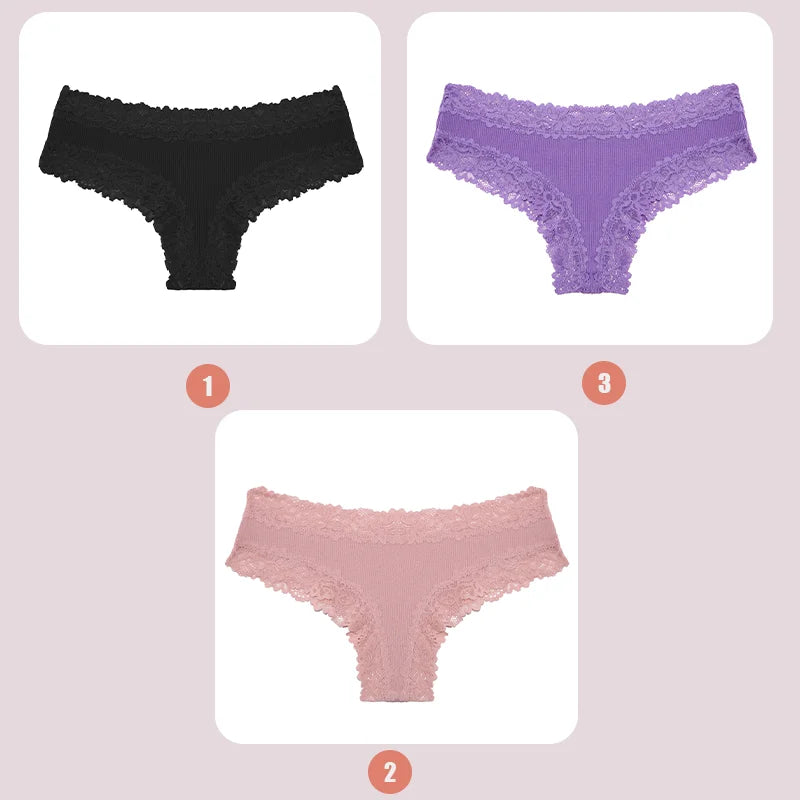 3PCS Lace Seamless Cotton Panties Ribbed Brazilian