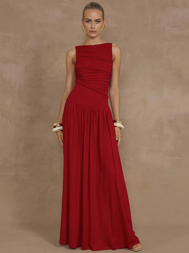 Women's Boat Neck Tank Dress - Sexy Ruched Long Gown