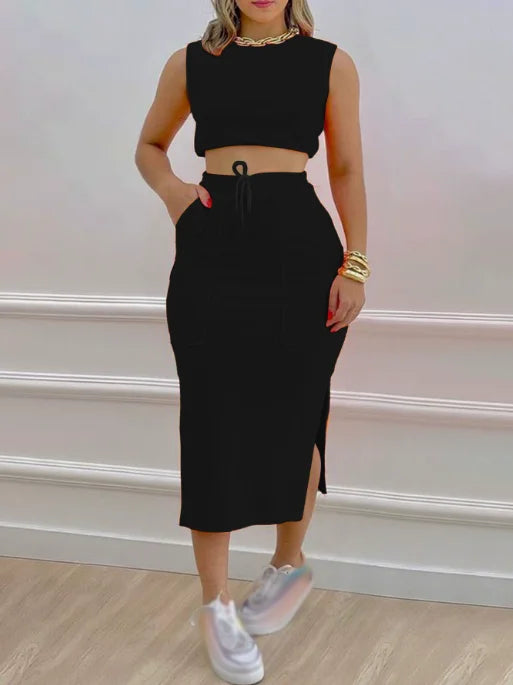 Skirt Set Solid Round Neck Short Sleeveless Top