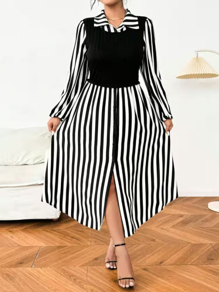 Plus Size Black And White Striped Shirt Dress - Women's Fashion - View 4