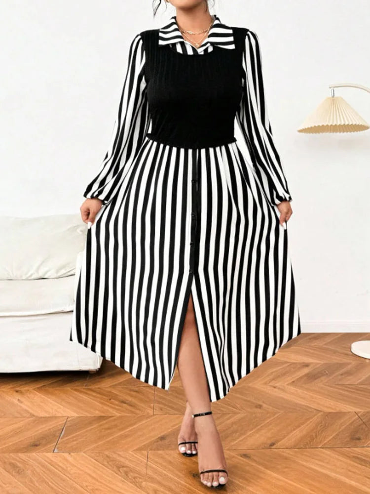 Plus Size Black And White Striped Shirt Dress