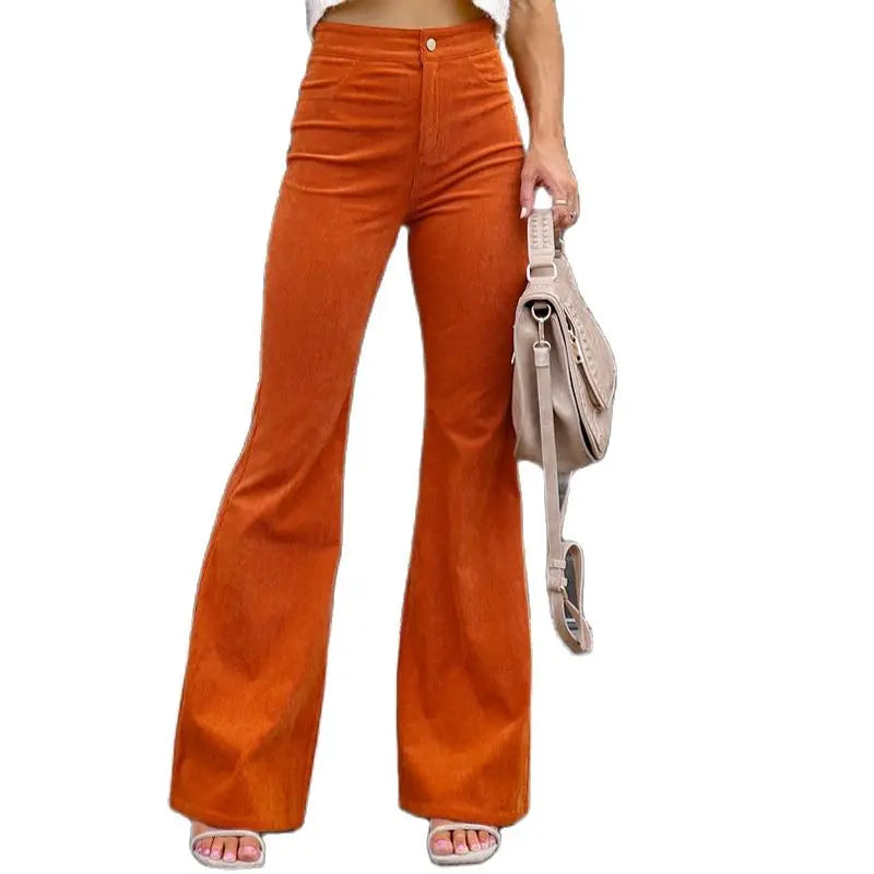 Casual Trousers Autumn Winter Solid High-waist Flare