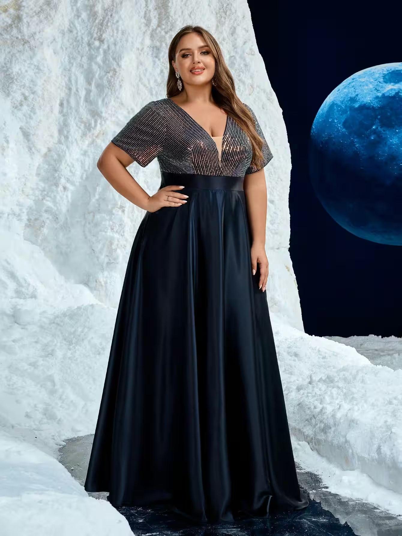 Dresses - Plus V-Neck Glitter Satin Formal Evening Dress