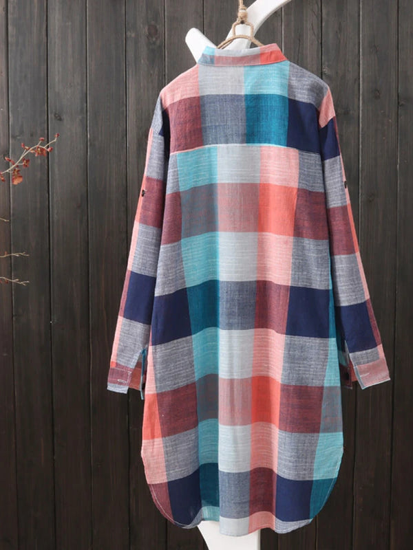 Plus Size Loose Plaid Blouse Cotton Shirt Style Outwear