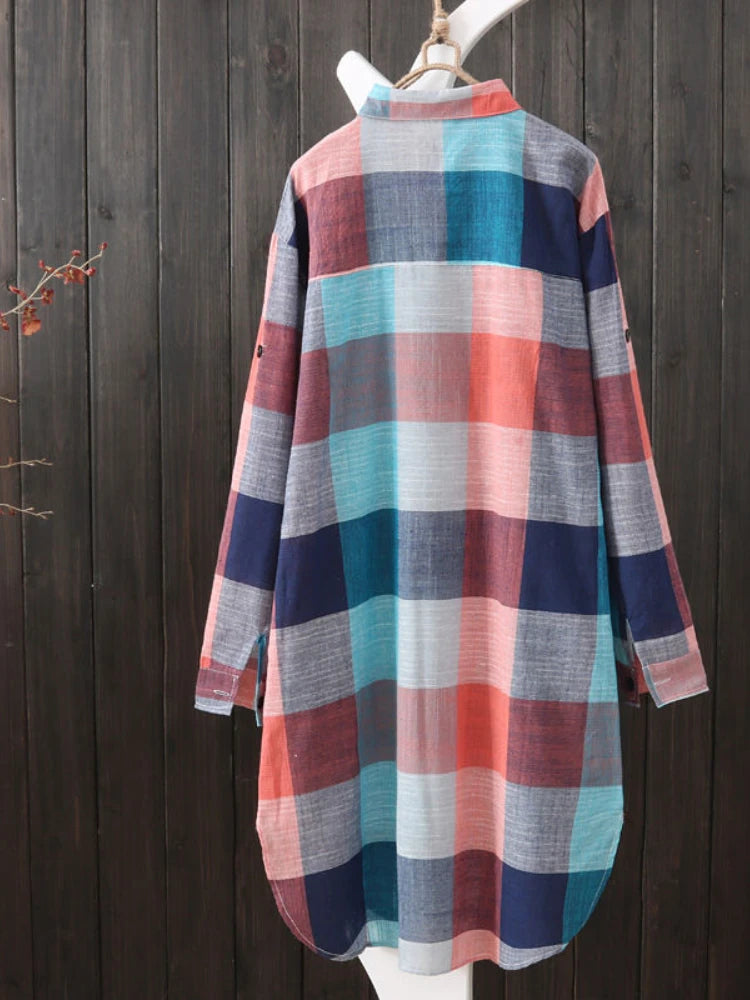 Plus Size Loose Plaid Blouse Cotton Shirt Style Outwear