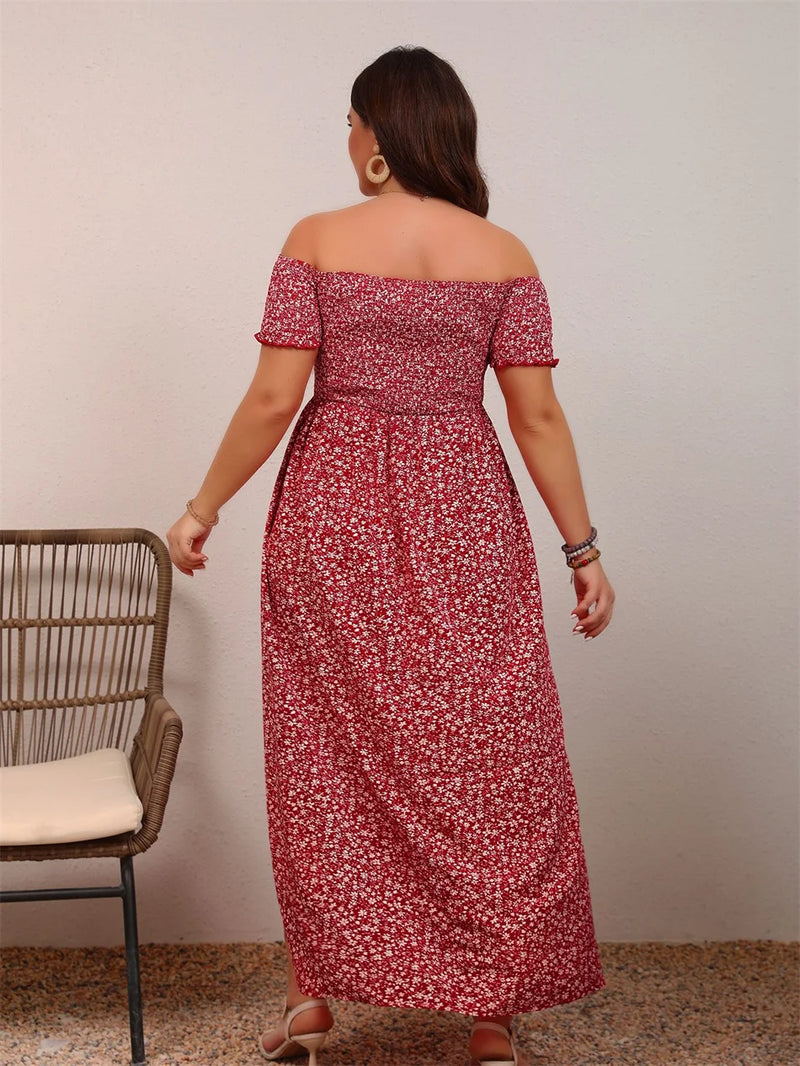 Plus Size Ditsy Floral Print Off Shoulder Dress