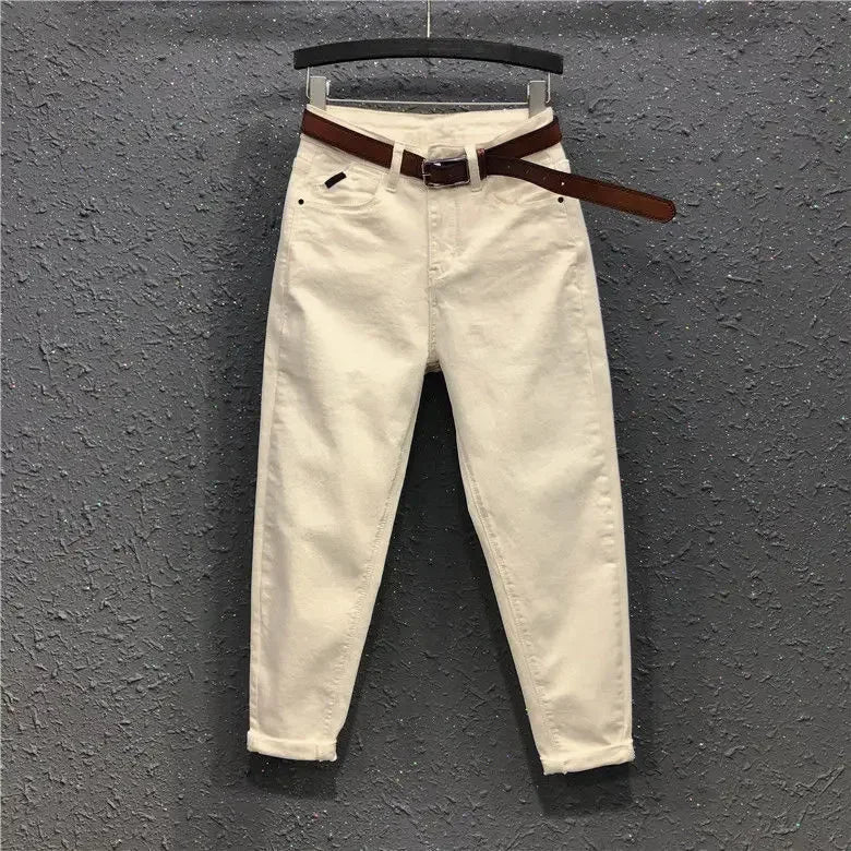 Jeans White High Waist Skinny Cropped Tappered Casual Pantalones