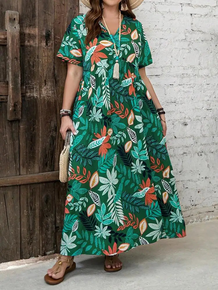 Plus Size Dress Spring New Printed V-neck