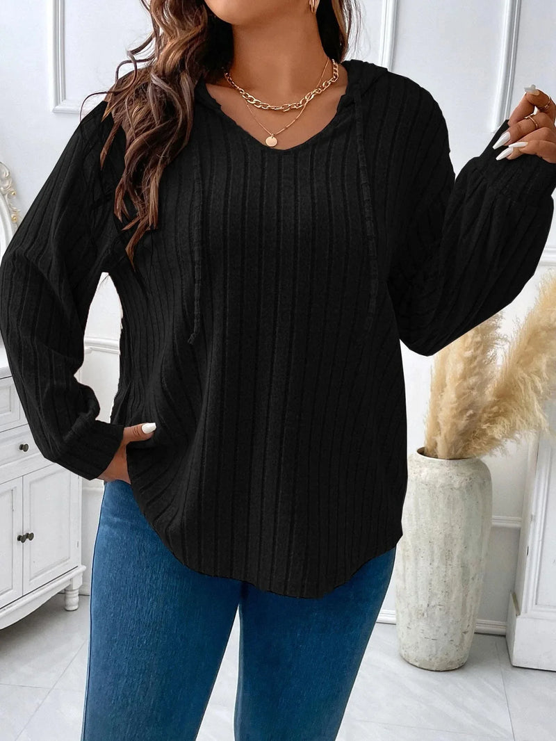 Plus Size Top V-neck Hooded Long Sleeved