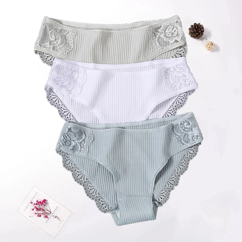 Floral Lace Cotton Panties Underwear Comfortable Lingerie 3PCS/Set