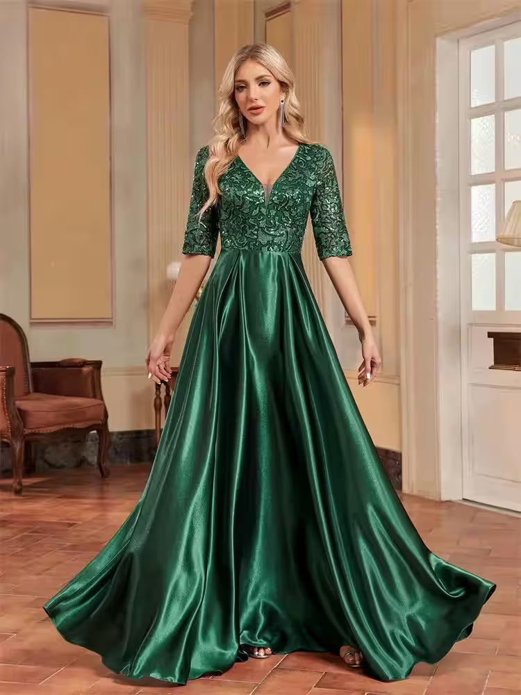 Dresses - Luxury Short Sleeve Green Satin V-Neck Dress