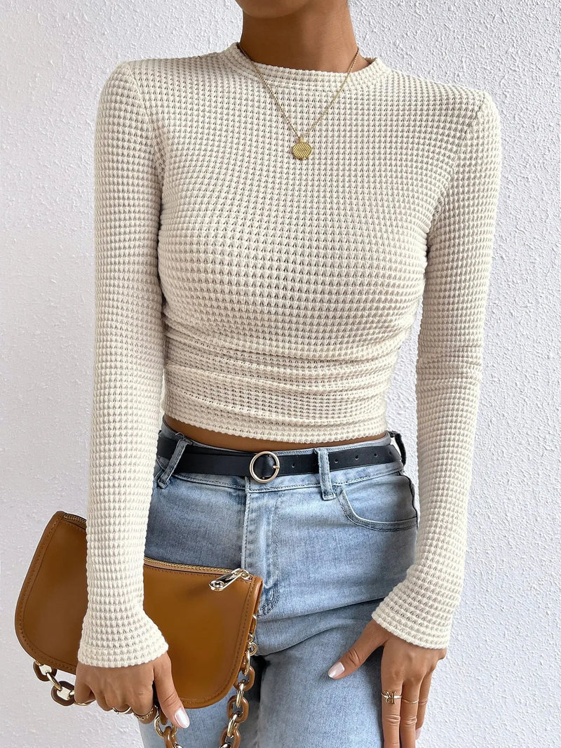 T-shirt Long-sleeved Sexy Slim Round Neck Top Textured