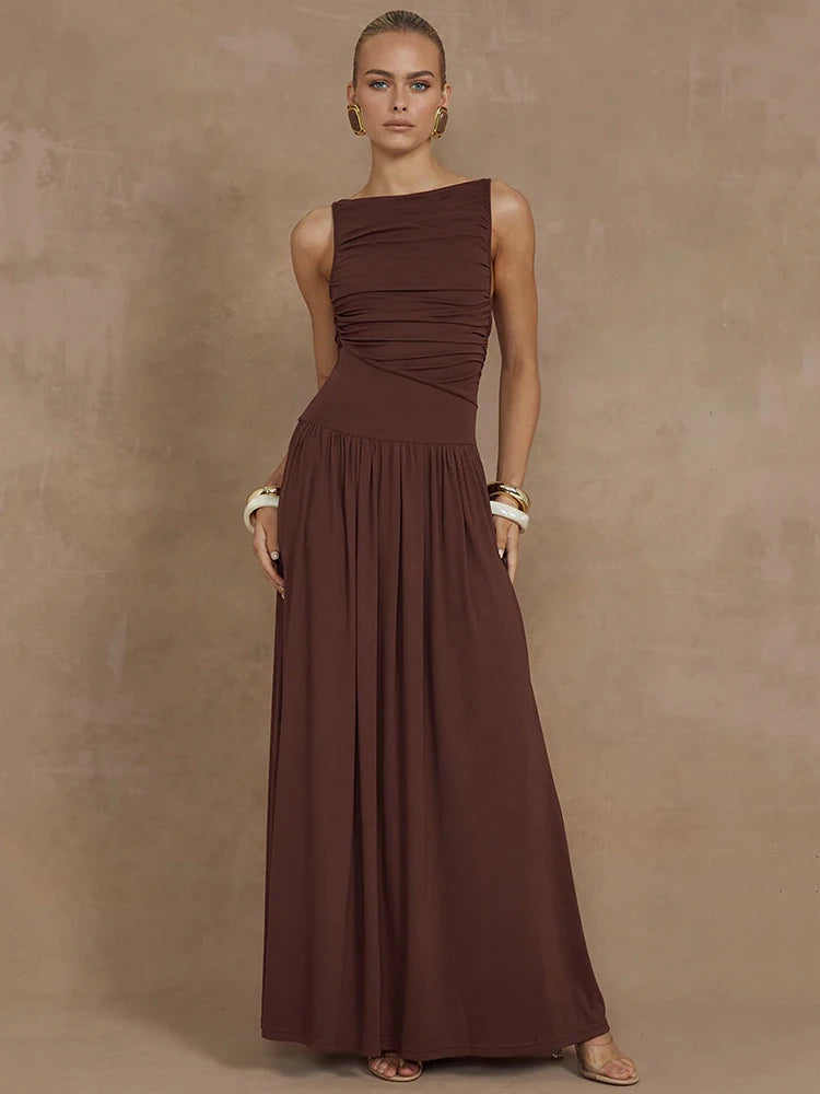 Women's Boat Neck Tank Dress - Sexy Ruched Long Gown
